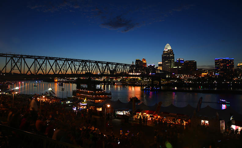 Downtown Cincinnati, Ohio and the Ohio River before the Western and Southern/WEBN fireworks at Riverfest in Cincinnati, Ohio on September 2, 2018.  The fireworks are a Labor Day tradition that draws hundreds of thousands of folks to the Ohio riverfront.